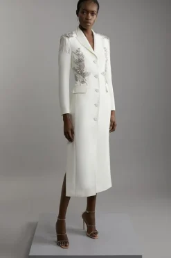 Karen Millen Petite Crystal Embellished Tailored Tuxedo Blazer Midaxi Dress ivory Best