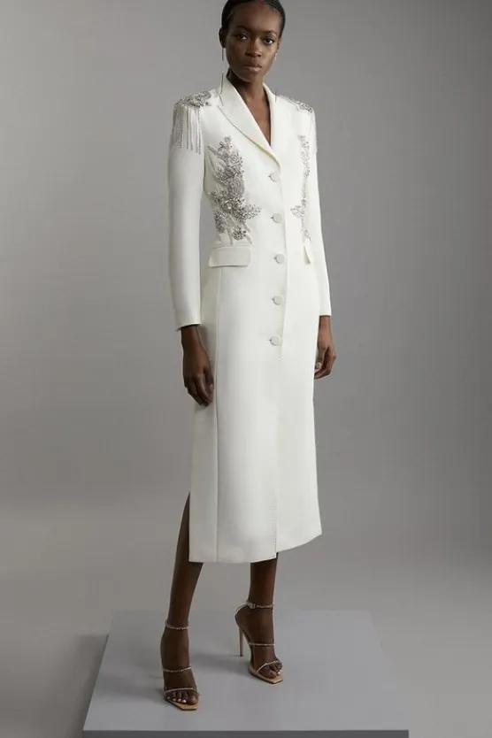 Karen Millen Petite Crystal Embellished Tailored Tuxedo Blazer Midaxi Dress ivory Best