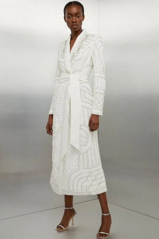 Karen Millen Petite Crystal Embellished Woven Maxi Blazer Dress ivory Hot
