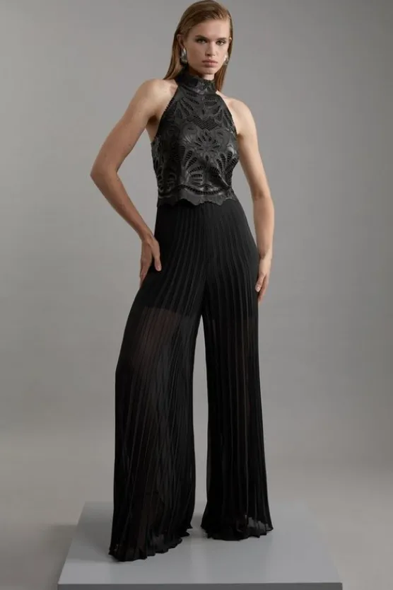Karen Millen Petite Cutwork Halter Neck Pleated Wide Leg Jumpsuit black Outlet