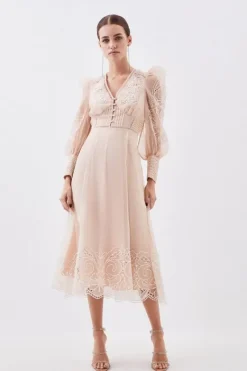 Karen Millen Petite Cutwork Organdie Buttoned Woven Maxi blush Sale