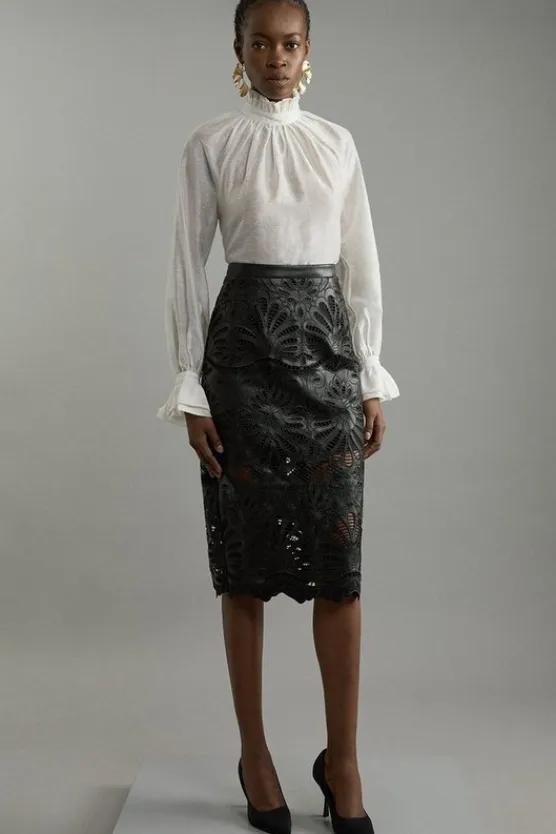 Karen Millen Petite Cutwork Pu Tailored Midi Skirt black Fashion