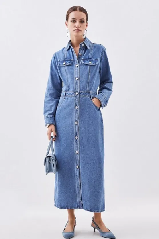 Karen Millen Petite Denim Long Sleeve Midi Shirt Dress midwash Sale