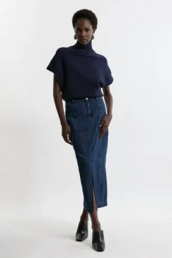 Karen Millen Petite Denim Woven Cargo Pocket Tailored Midi Skirt indigo Hot