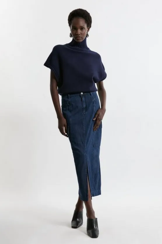 Karen Millen Petite Denim Woven Cargo Pocket Tailored Midi Skirt indigo Hot