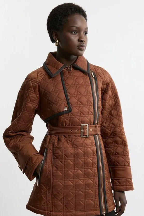 Karen Millen Petite Diamond Quilted Belted Short Puffer Pu Tab Trench Jacket tan Outlet