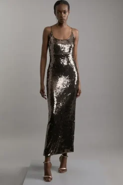 Karen Millen Petite Disc Sequin Strappy Woven Midi Dress gunmetal New