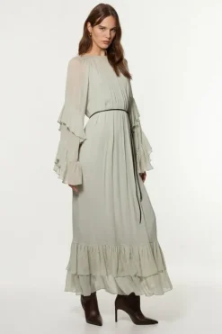 Karen Millen Petite Drama Kimono Viscose Georgette Woven Maxi Dress With PU Belt sage Clearance