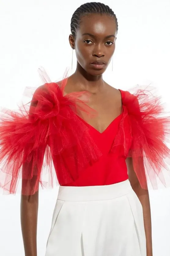Karen Millen Petite Drama Ponte And Tulle Strappy Jersey Bodysuit red New