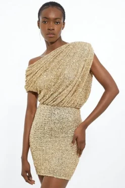 Karen Millen Petite Draped One Shoulder Jersey Stretch Sequin Mini Dress gold Fashion