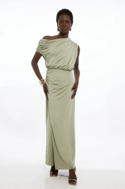 Karen Millen Petite Drapey Slinky Jersey Off The Shoulder Maxi Dress sage Discount