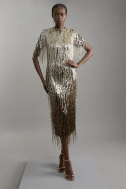 Karen Millen Petite Embellished And Beaded Tassel Woven Maxi Dress gold Online