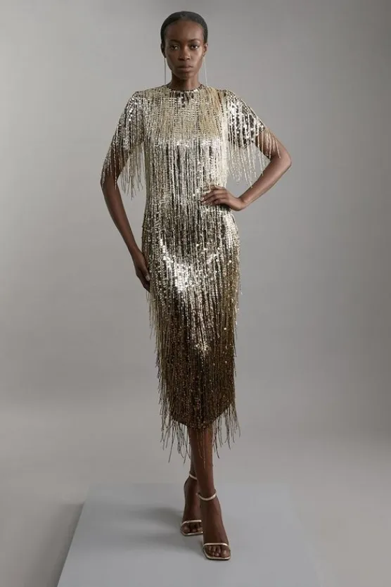 Karen Millen Petite Embellished And Beaded Tassel Woven Maxi Dress gold Online