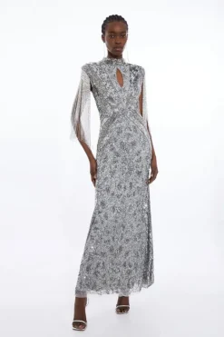 Karen Millen Petite Embellished Beaded Cap Sleeve Woven Maxi Dress silver Fashion