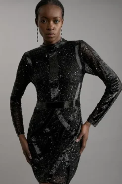 Karen Millen Petite Embellished Beaded High Neck Woven Mini Dress black Fashion