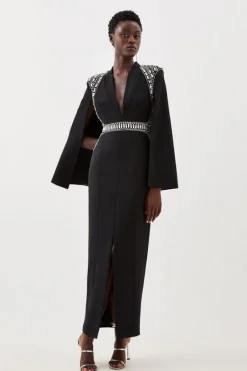 Karen Millen Petite Embellished Caddy Plunge Cape Sleeve Woven Midi Dress black Fashion