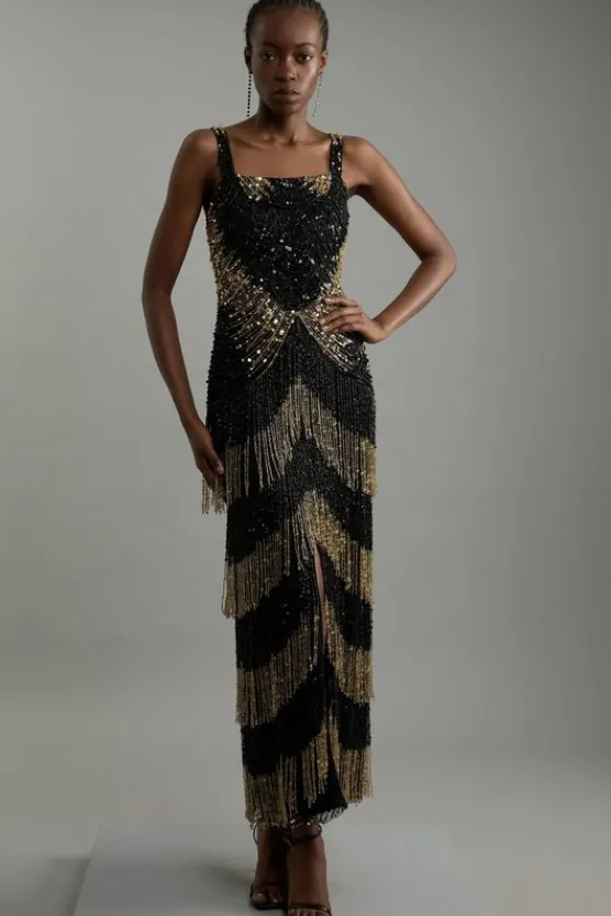 Karen Millen Petite Embellished Mirrored Fringe Strappy Maxi Dress black New