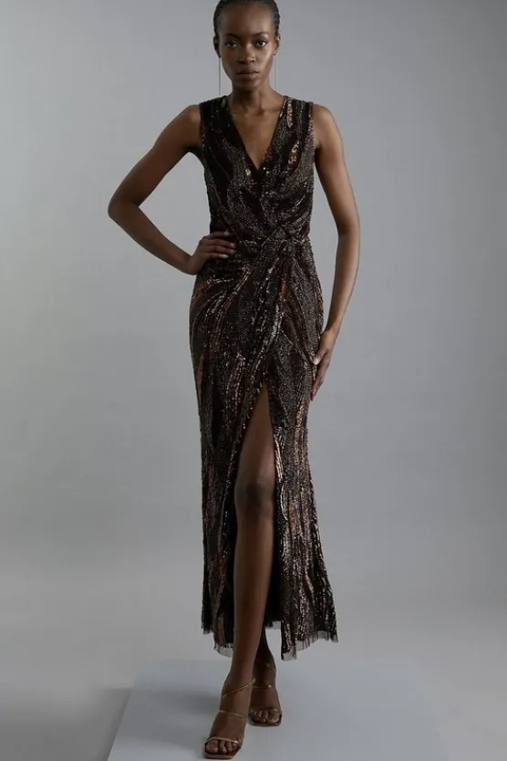 Karen Millen Petite Embellished Plunge Beaded Woven Maxi Dress chocolate Sale