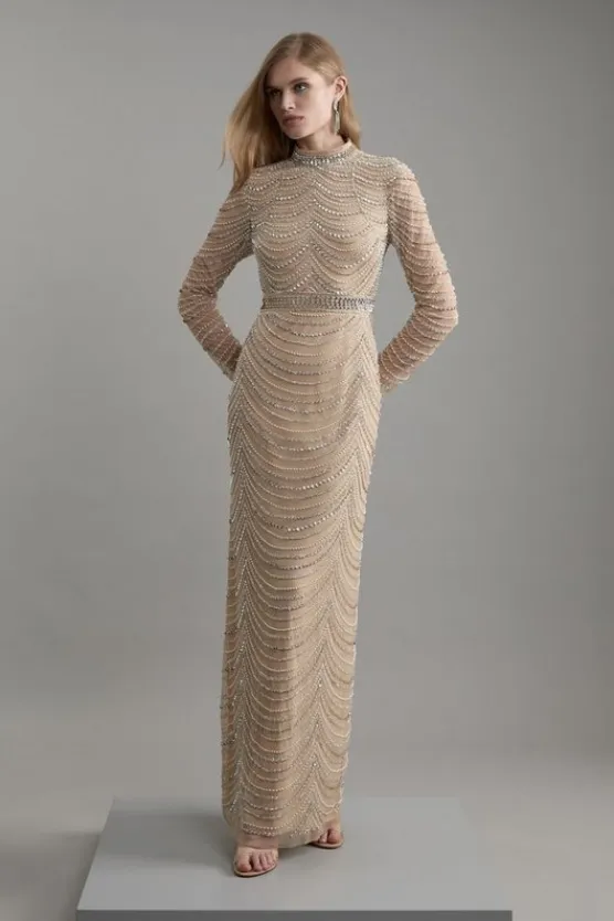 Karen Millen Petite Embellished Woven Long Sleeved Maxi Dress silver Online