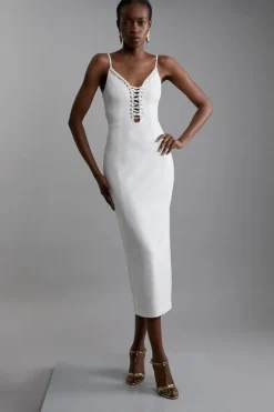 Karen Millen Petite Eyelet Detail Lace Up Ponte Jersey Midi Dress ivory Sale