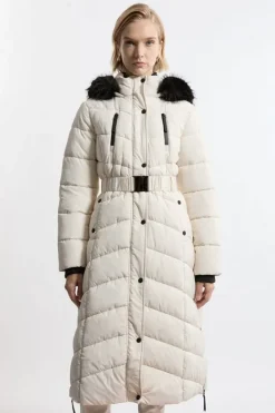 Karen Millen Petite Faux Down Padded Belted Hooded Puffer Coat mono Fashion