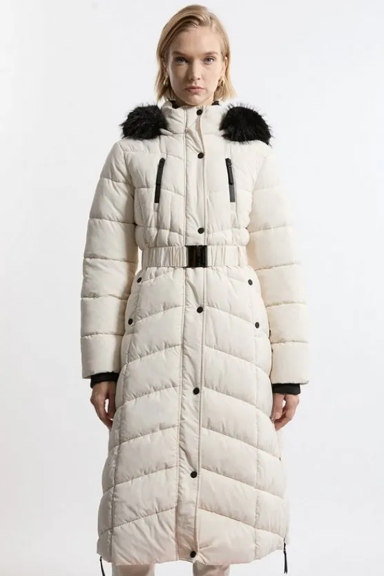 Karen Millen Petite Faux Down Padded Belted Hooded Puffer Coat mono Fashion