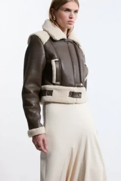 Karen Millen Petite Faux Fur Aviator Crop Jacket brown Clearance