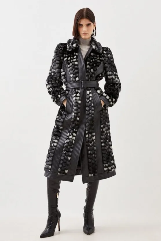Karen Millen Petite Faux Fur Pu Panelled Abstract Belted Coat black Outlet
