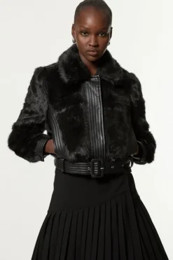 Karen Millen Petite Faux Fur Pu Panelled Belted Cropped Jacket black Discount