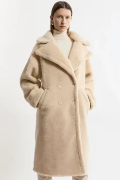 Karen Millen Petite Faux Fur Teddy Longline Coat cream Fashion