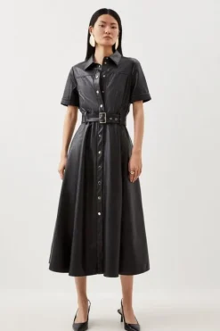 Karen Millen Petite Faux Leather Belted Midi Shirt Dress black New