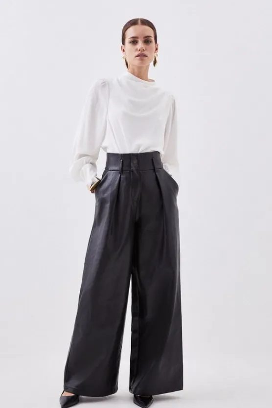 Karen Millen Petite Faux Leather High Waisted Wide Leg Pants black Online