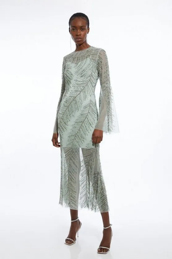 Karen Millen Petite Feather Crystal Embellished Maxi Dress sage Discount