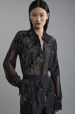 Karen Millen Petite Feather Devore Woven Shirt black Fashion