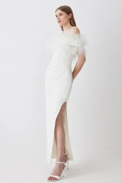 Karen Millen Petite Feather Off The Shoulder Stretch Crepe Maxi Dress ivory Fashion