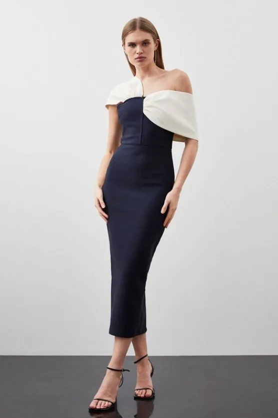 Karen Millen Petite Figure Form Bandage Asymmetric Strap Midi Dress navy Discount