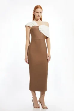 Karen Millen Petite Figure Form Bandage Asymmetric Strap Midi Dress taupe Hot