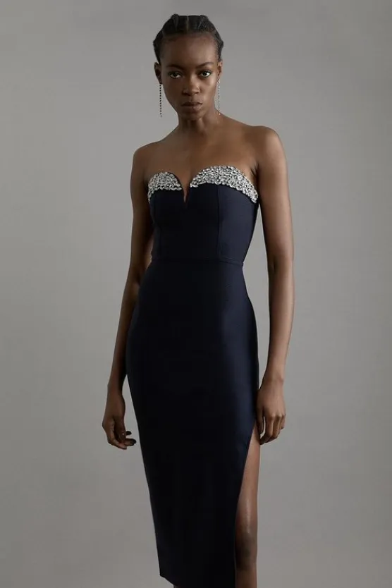 Karen Millen Petite Figure Form Bandage Embellished Corset Style Knit Midi Dress navy Outlet