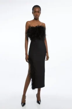 Karen Millen Petite Figure Form Bandage Feather Detail Bandeau Knit Midi Dress black Online