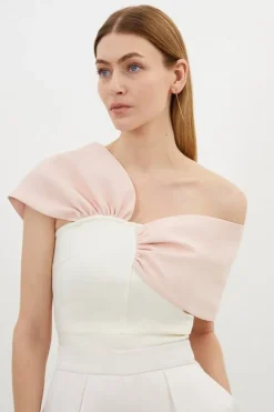 Karen Millen Petite Figure Form Bandage Knit Asymmetric Strap Top cream Sale