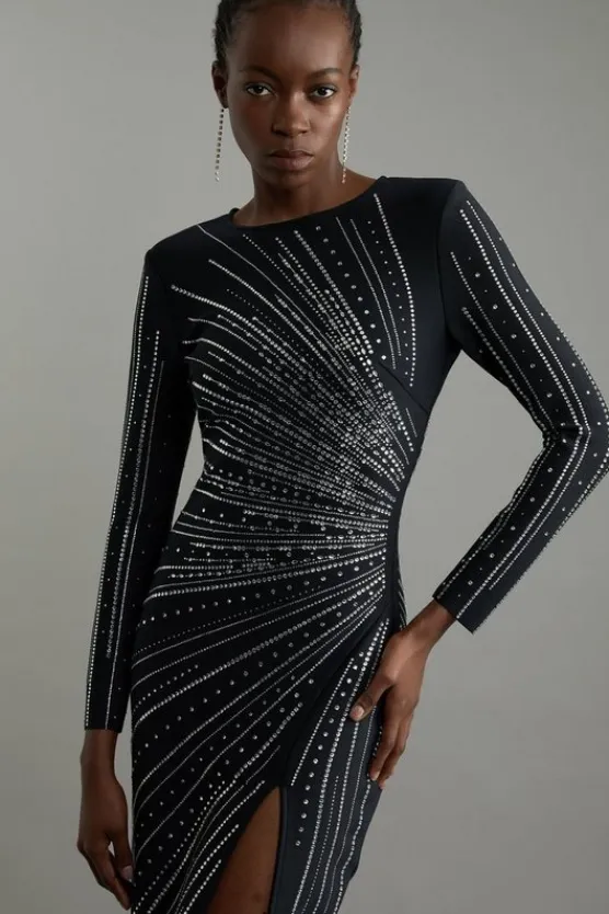 Karen Millen Petite Figure Form Bandage Knit Embellished Maxi Dress navy Fashion