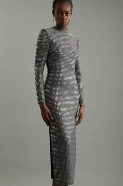 Karen Millen Petite Figure Form Bandage Knit All Over Embellished Maxi Dress darkgrey Clearance