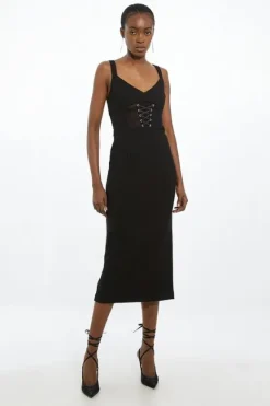 Karen Millen Petite Figure Form Corset Detail Woven Strappy Midi Dress black Hot