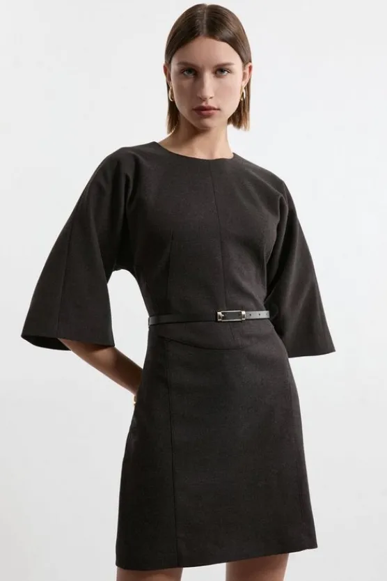 Karen Millen Petite Flannel Tailored Belted Dress grey Discount
