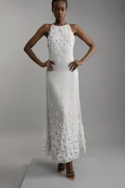 Karen Millen Petite Floral Applique Crystal Beaded Woven Halter Maxi Dress ivory Clearance