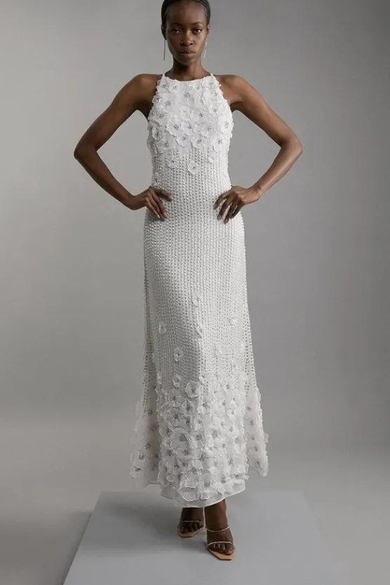Karen Millen Petite Floral Applique Crystal Beaded Woven Halter Maxi Dress ivory Clearance