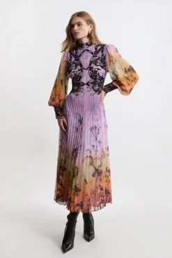Karen Millen Petite Applique Lace Pleated Woven Maxi Dress floral Clearance