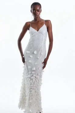 Karen Millen Petite Floral Applique Woven Strappy Maxi Dress ivory Online