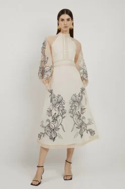 Karen Millen Petite Floral Embroidery Organdie Woven Midi Dress ivory Online