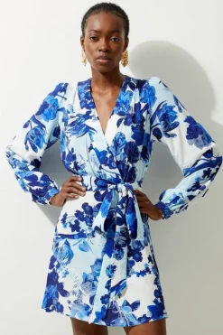 Karen Millen Petite Floral Printed Morocain Woven Wrap Mini Dress blue Clearance